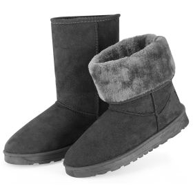 Women Ladies Snow Boots Waterproof Faux Suede Mid-Calf Boots Fur Warm Lining Shoes (Color: Gray, size: 9)